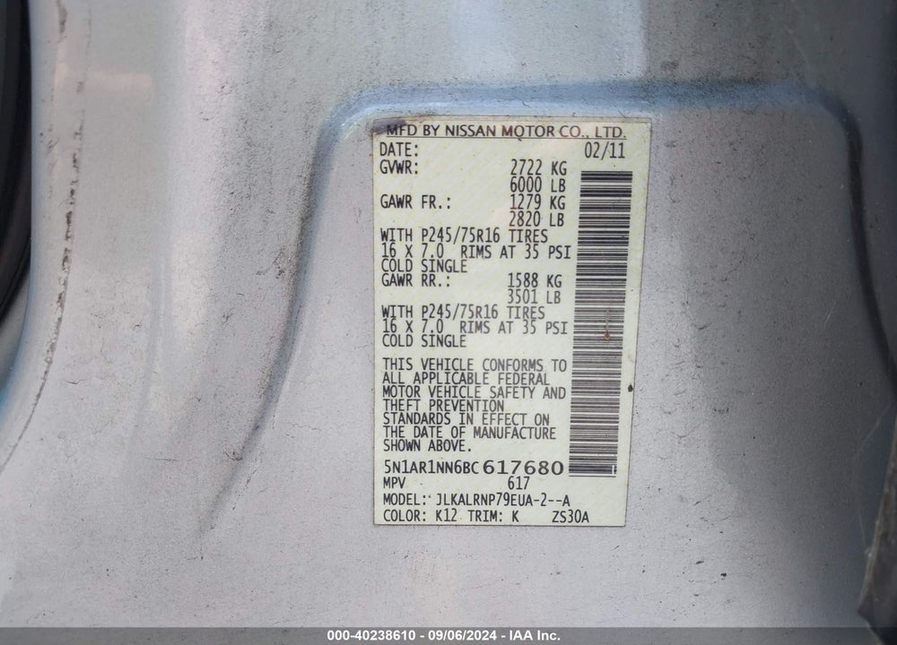 2011 NISSAN PATHFINDER S VIN: 5N1AR1NN6BC617680