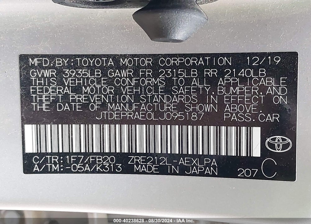 2020 TOYOTA COROLLA LE VIN: JTDEPRAE0LJ095187