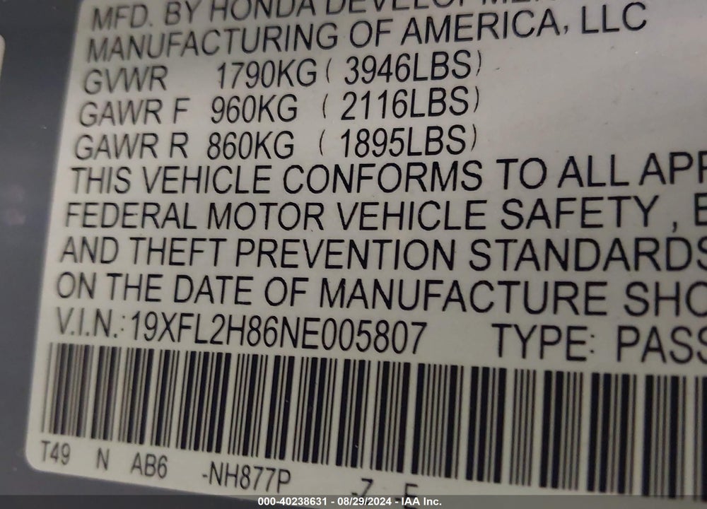 2022 HONDA CIVIC VIN: 19XFL2H86NE005807
