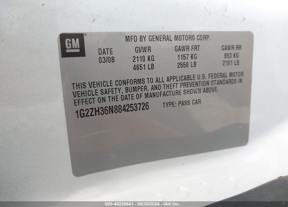 2008 PONTIAC G6 GT VIN: 1G2ZH36N884253726