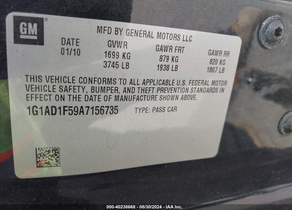2010 CHEVROLET COBALT LT VIN: 1G1AD1F59A7156735
