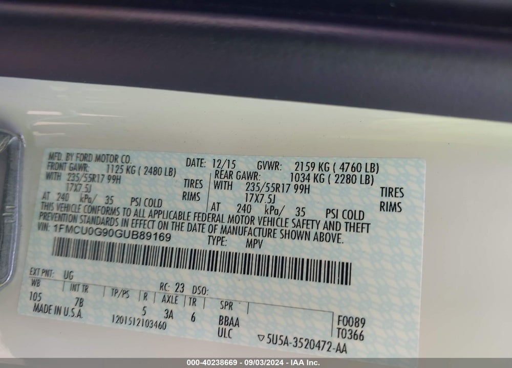 2016 FORD ESCAPE SE VIN: 1FMCU0G90GUB89169
