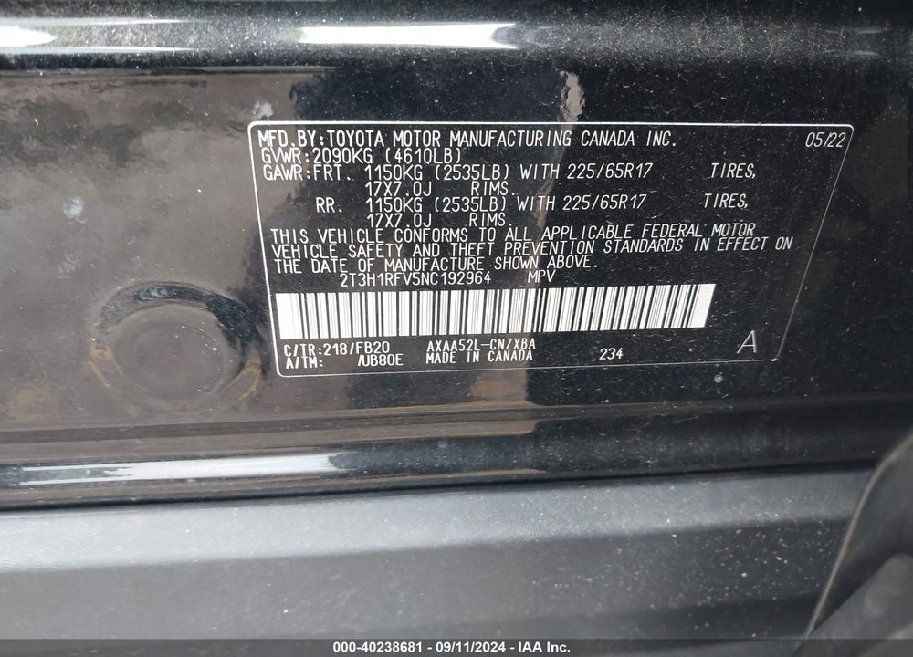 2022 TOYOTA RAV4 LE VIN: 2T3H1RFV5NC192964