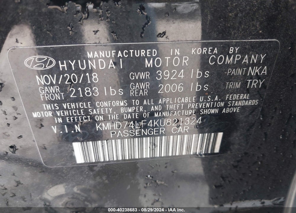 2019 HYUNDAI ELANTRA SE VIN: KMHD74LF4KU821324