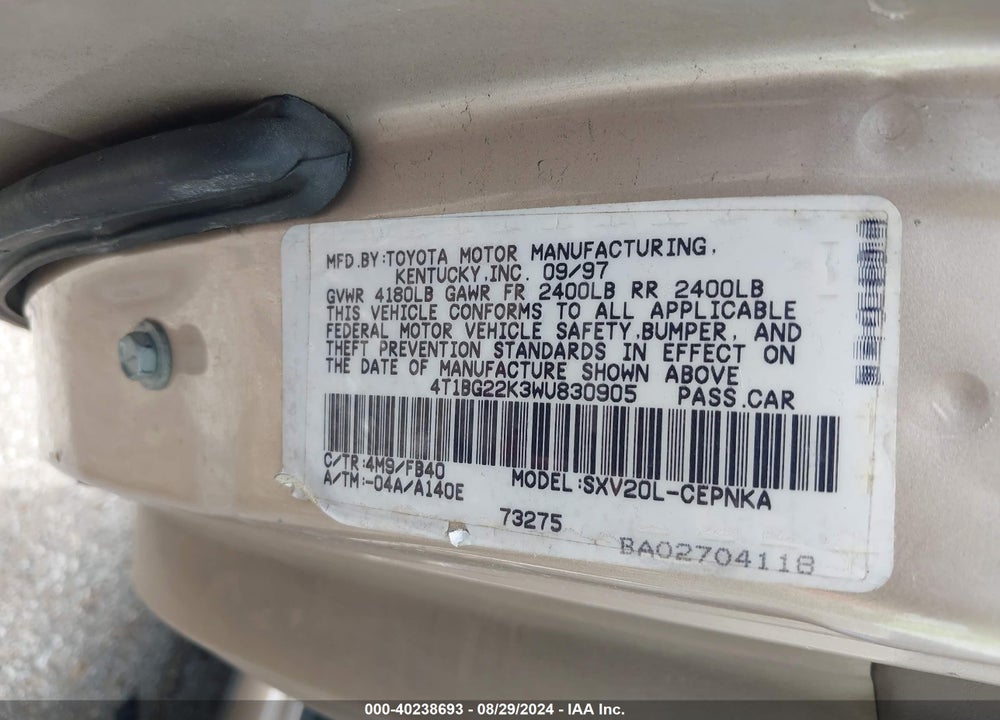 1998 TOYOTA CAMRY LE VIN: 4T1BG22K3WU830905