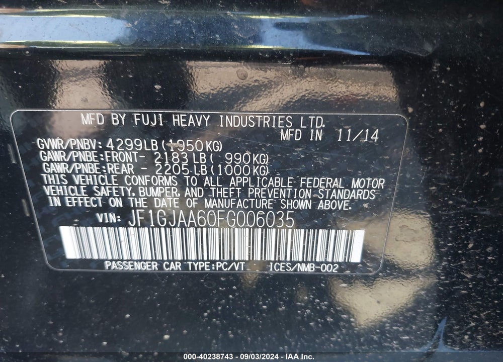 2015 SUBARU IMPREZA 2.0I VIN: JF1GJAA60FG006035