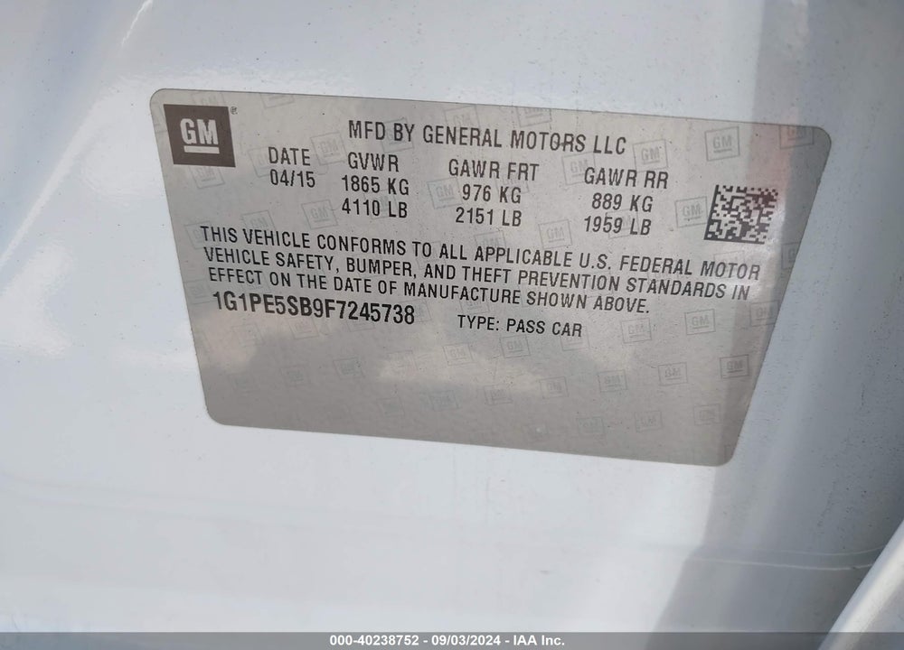 2015 CHEVROLET CRUZE 2LT AUTO VIN: 1G1PE5SB9F7245738