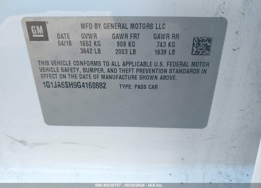 2016 CHEVROLET SONIC LS AUTO VIN: 1G1JA6SH9G4160882