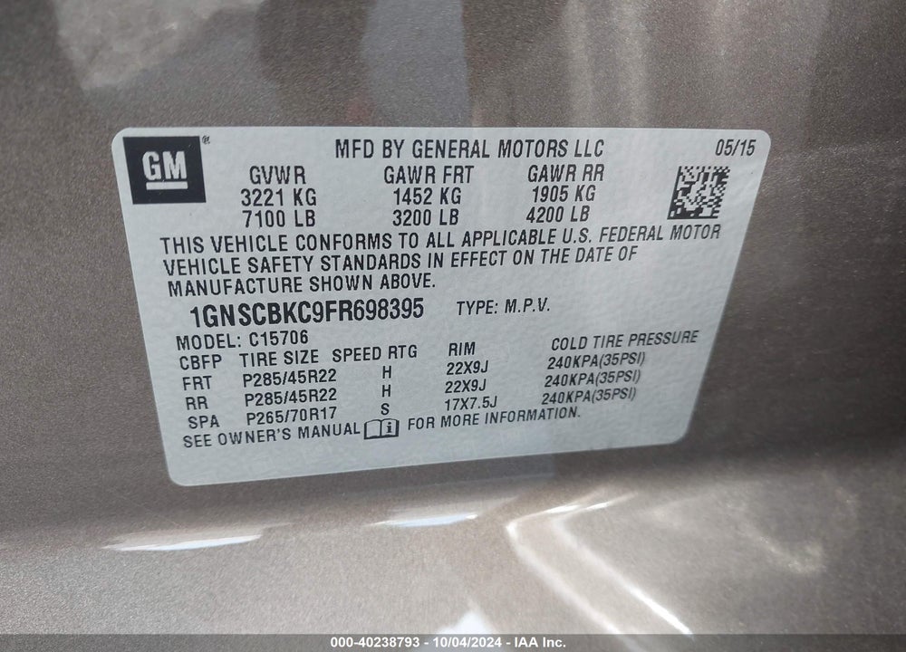 2015 CHEVROLET TAHOE LT VIN: 1GNSCBKC9FR698395