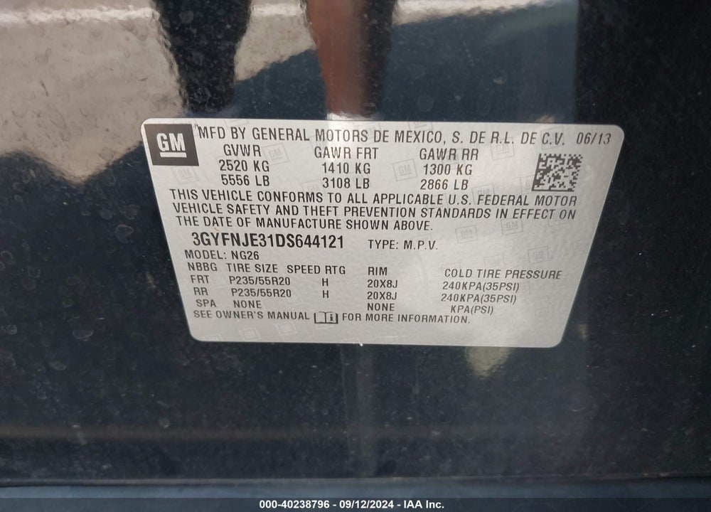 2013 CADILLAC SRX PREMIUM COLLECTION VIN: 3GYFNJE31DS644121