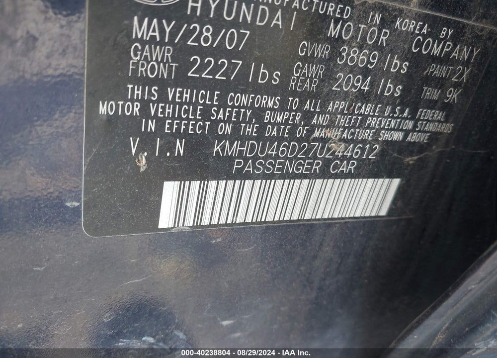 2007 HYUNDAI ELANTRA GLS/LIMITED/SE VIN: KMHDU46D27U244612