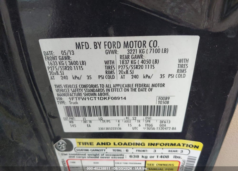 2013 FORD F-150 LARIAT VIN: 1FTFW1CT1DKF08914