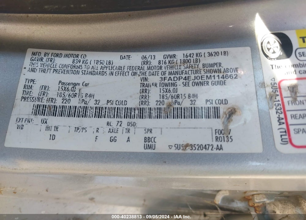 2014 FORD FIESTA SE VIN: 3FADP4EJ0EM114662