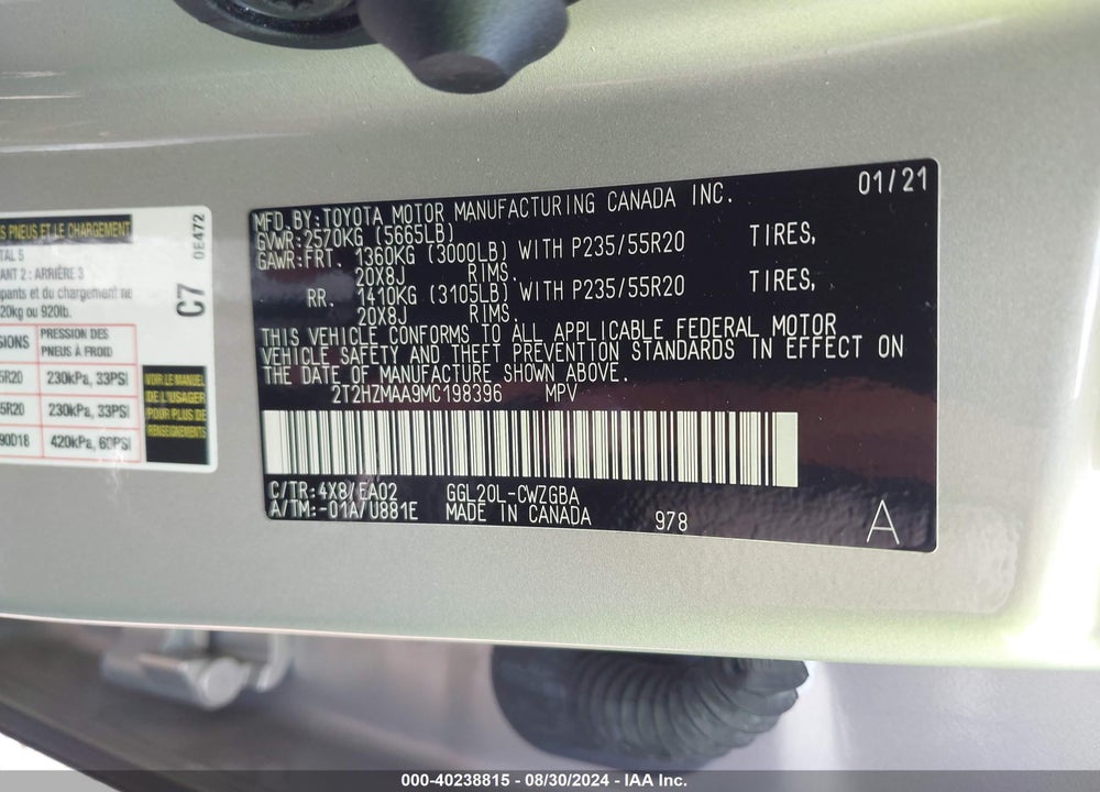 2021 LEXUS RX 350 VIN: 2T2HZMAA9MC198396