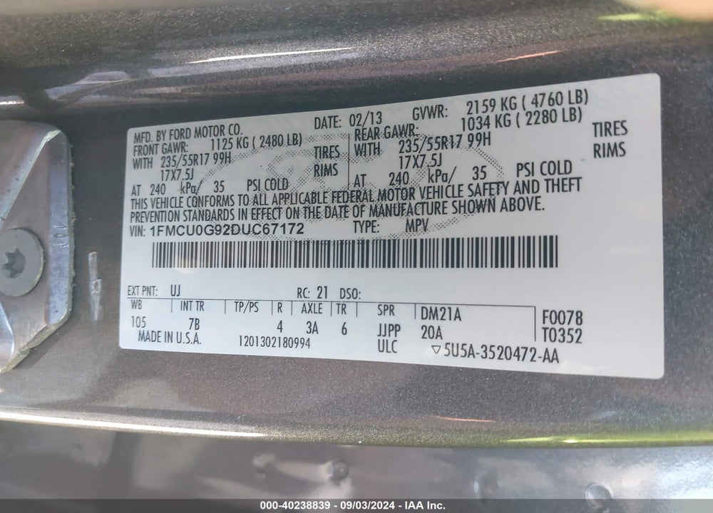 2013 FORD ESCAPE SE VIN: 1FMCU0G92DUC67172
