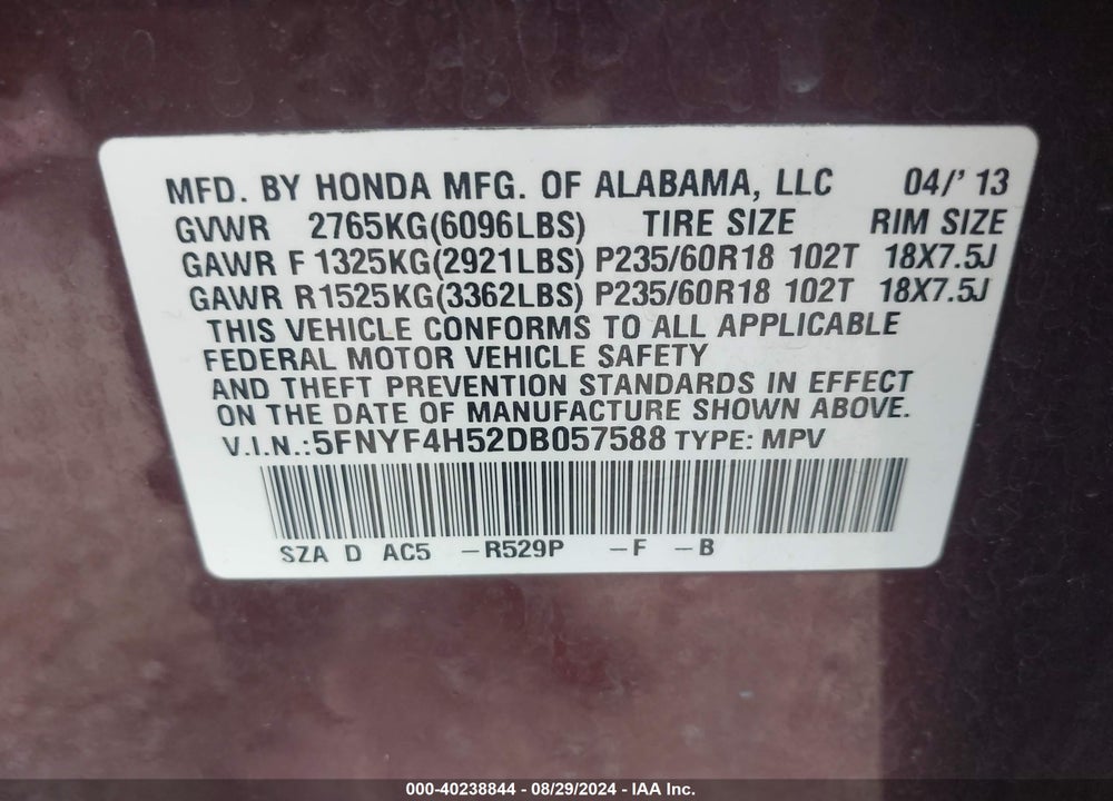 2013 HONDA PILOT EX-L VIN: 5FNYF4H52DB057588