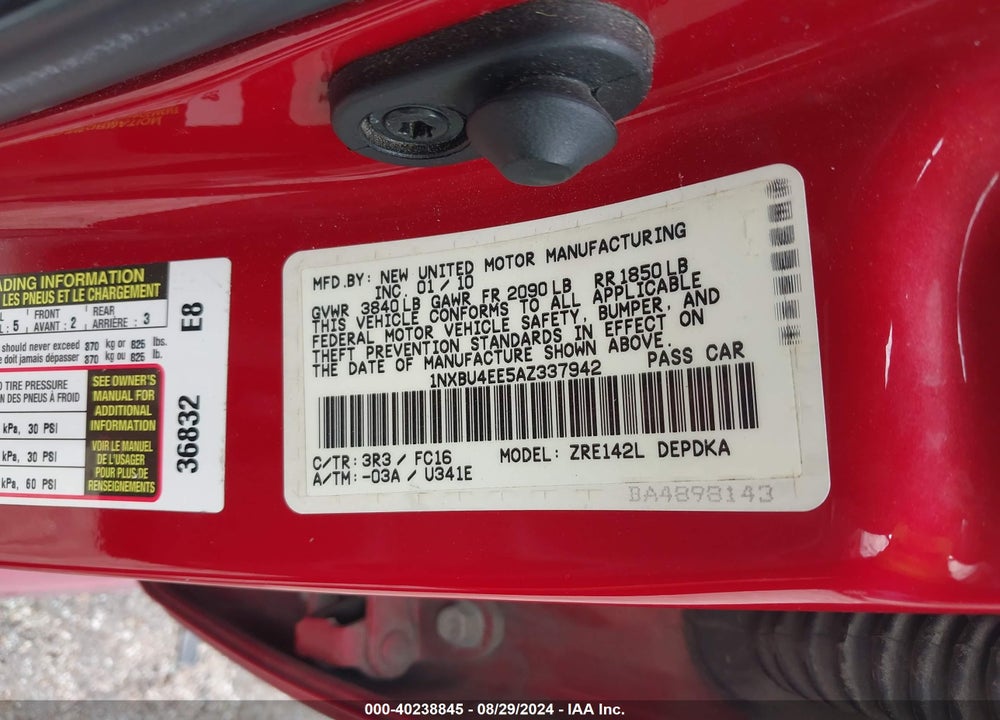 2010 TOYOTA COROLLA LE VIN: 1NXBU4EE5AZ337942