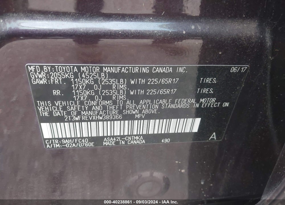 2017 TOYOTA RAV4 XLE VIN: 2T3WFREVXHW389366