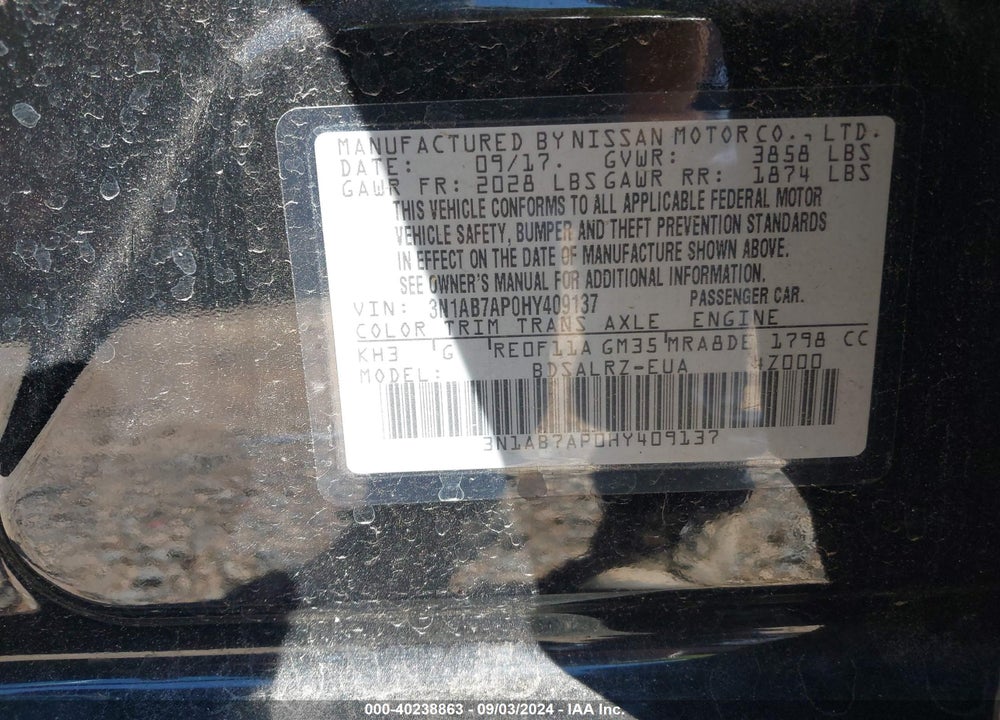 2017 NISSAN SENTRA SR VIN: 3N1AB7AP0HY409137