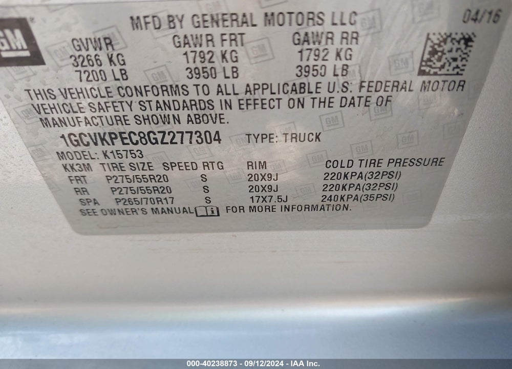 2016 CHEVROLET SILVERADO 1500 CUSTOM VIN: 1GCVKPEC8GZ277304