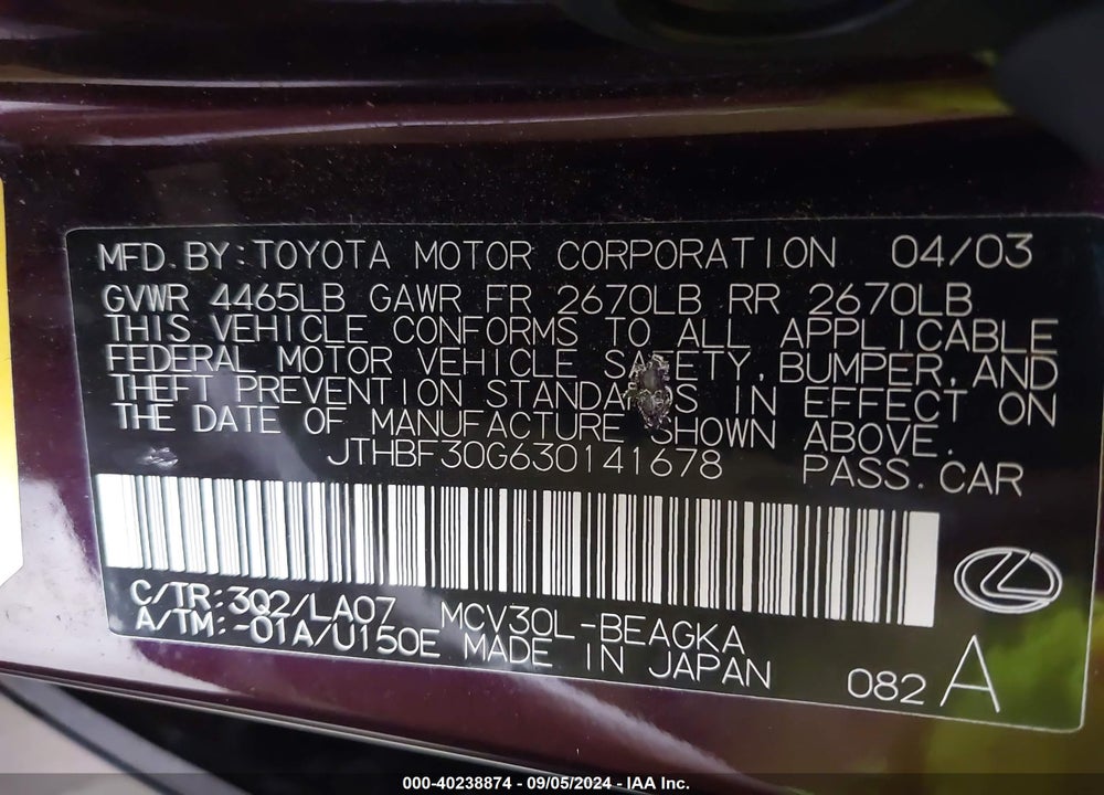 2003 LEXUS ES 300 VIN: JTHBF30G630141678