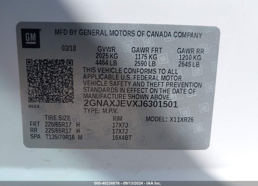 2018 CHEVROLET EQUINOX LT VIN: 2GNAXJEVXJ6301501