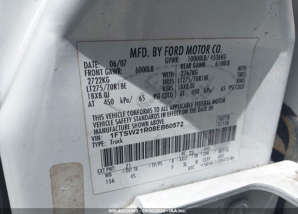 2008 FORD F-250 VIN: 1FTSW21R08EB60572