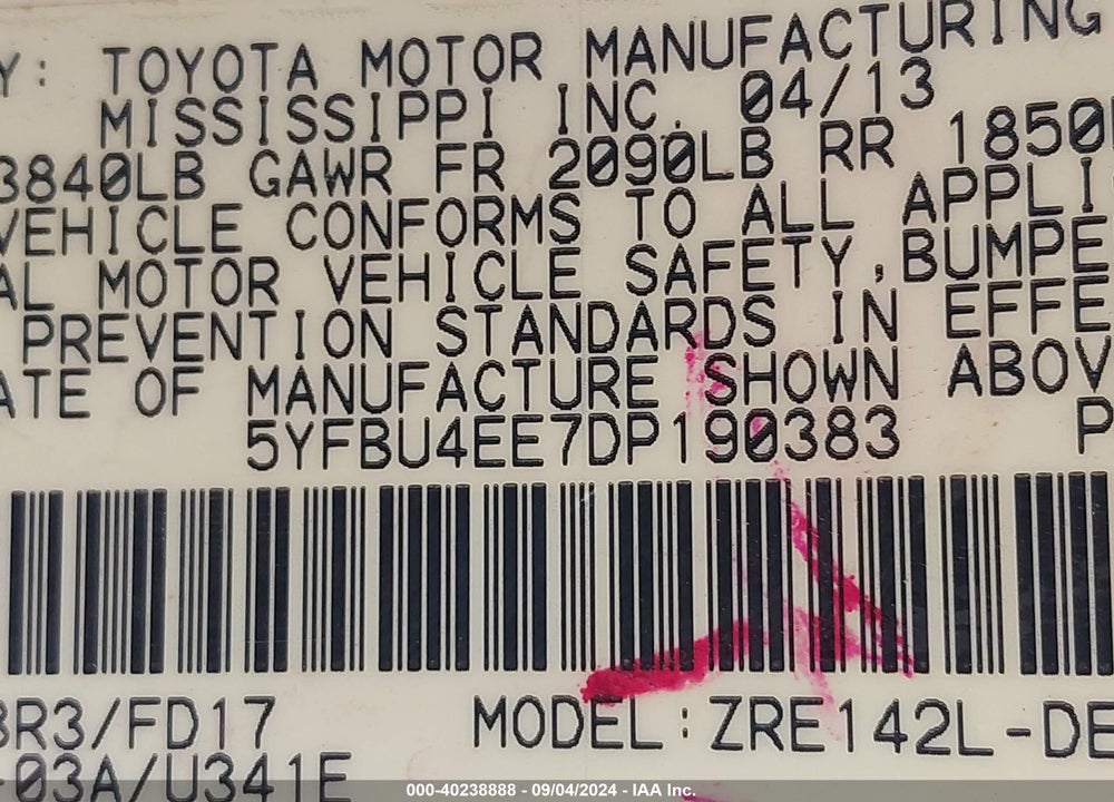 2013 TOYOTA COROLLA S VIN: 5YFBU4EE7DP190383