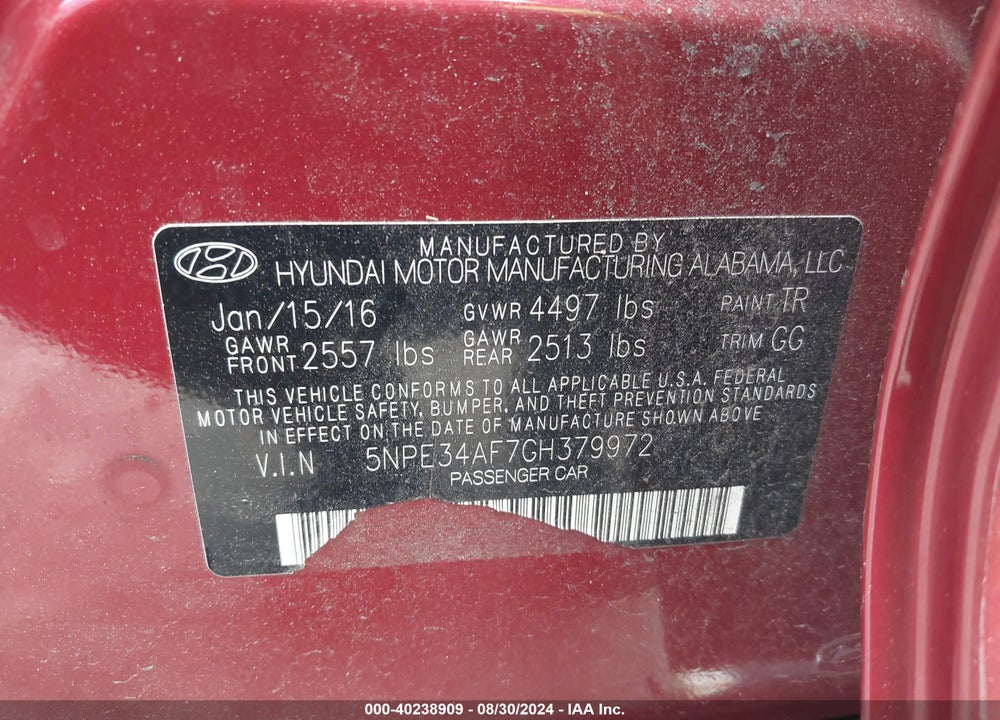 2016 HYUNDAI SONATA SPORT VIN: 5NPE34AF7GH379972