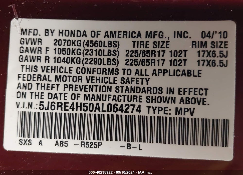 2010 HONDA CR-V EX VIN: 5J6RE4H50AL064274
