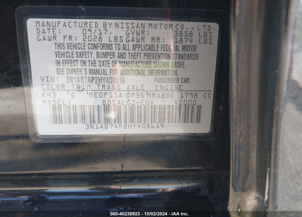 2017 NISSAN SENTRA SL VIN: 3N1AB7AP2HY408619