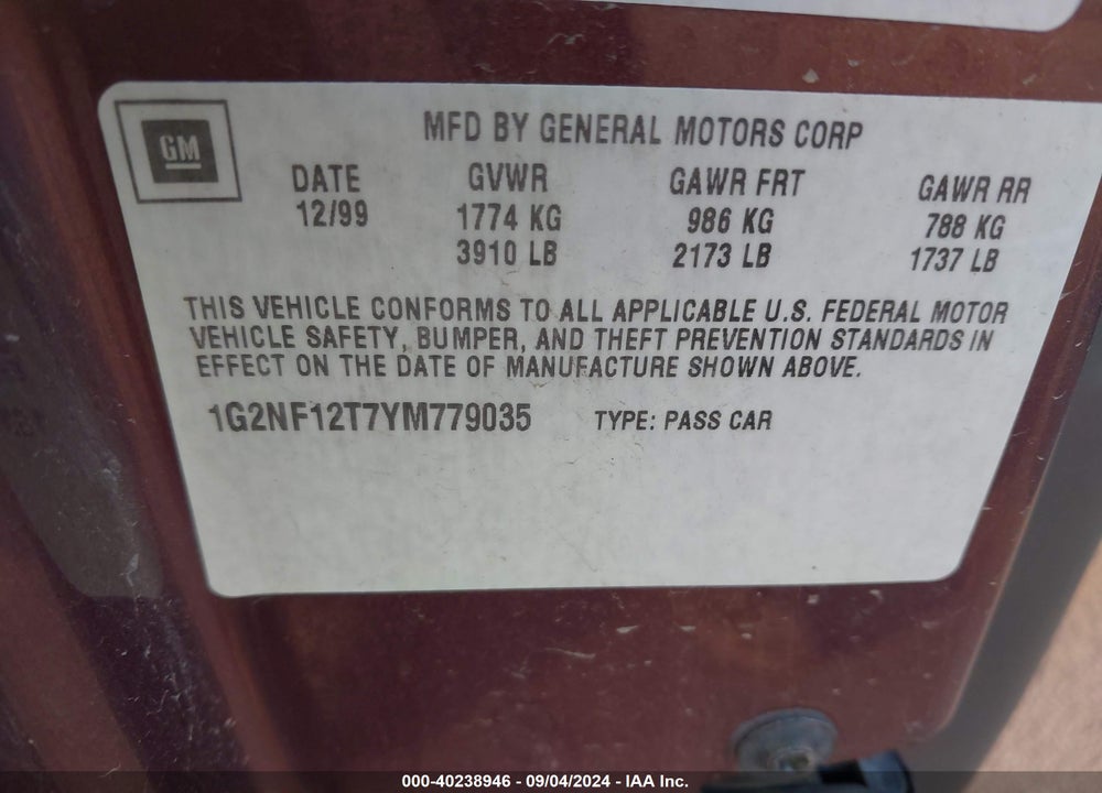2000 PONTIAC GRAND AM VIN: 1G2NF12T7YM779035