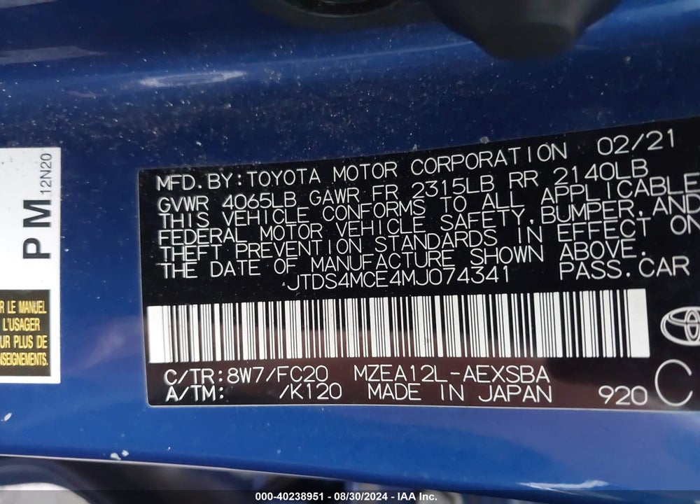 2021 TOYOTA COROLLA SE VIN: JTDS4MCE4MJ074341