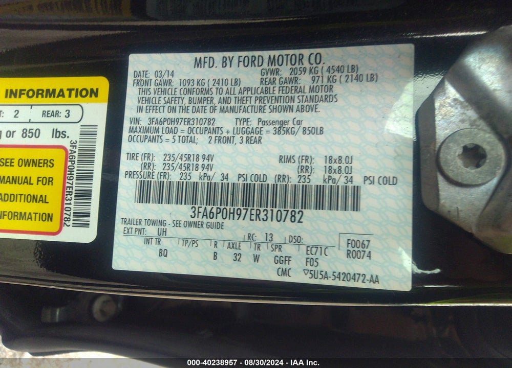 2014 FORD FUSION SE VIN: 3FA6P0H97ER310782