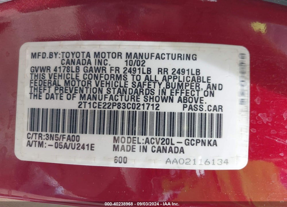 2003 TOYOTA CAMRY SOLARA SE VIN: 2T1CE22P83C021712