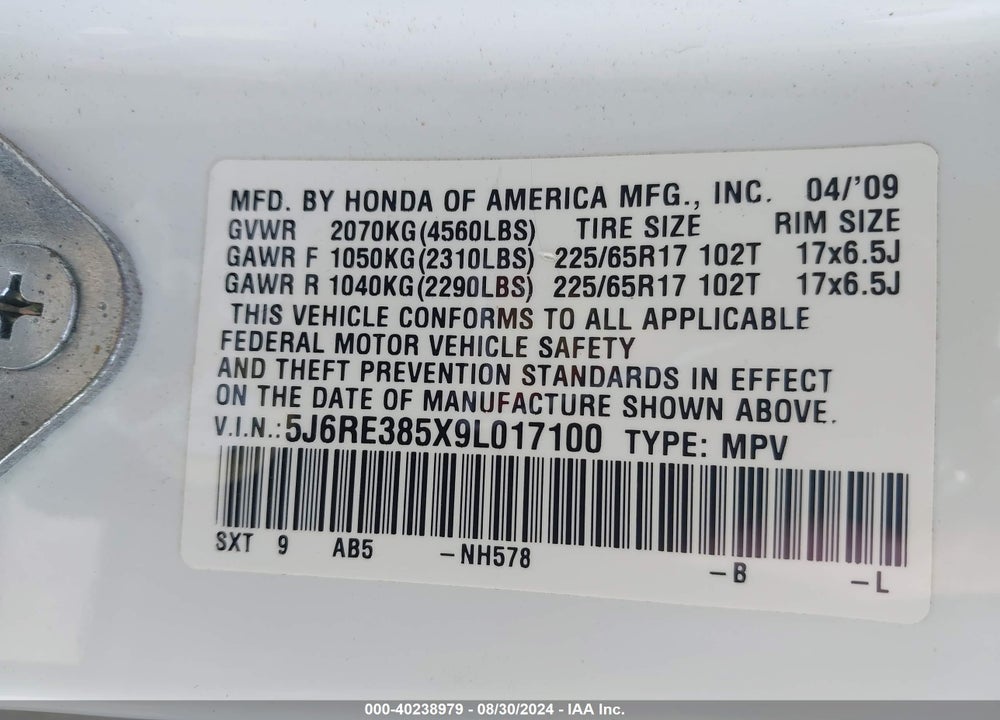 2009 HONDA CR-V EX VIN: 5J6RE385X9L017100