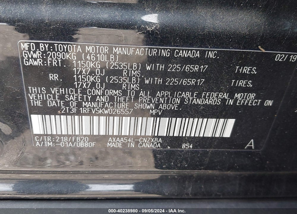 2019 TOYOTA RAV4 LE VIN: 2T3F1RFV5KW026557