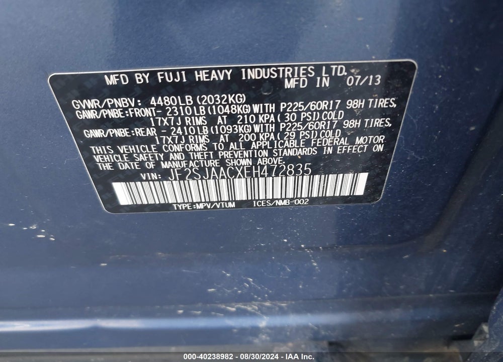 2014 SUBARU FORESTER 2.5I VIN: JF2SJAACXEH472835