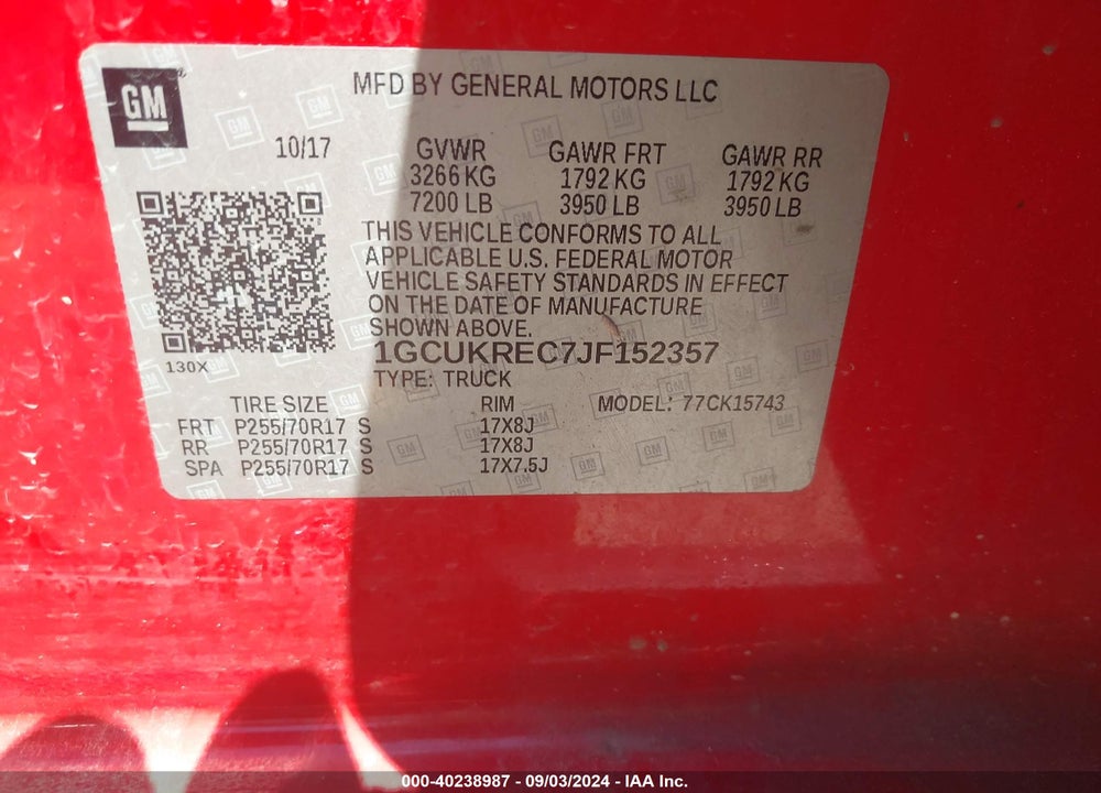 2018 CHEVROLET SILVERADO 1500 1LT VIN: 1GCUKREC7JF152357