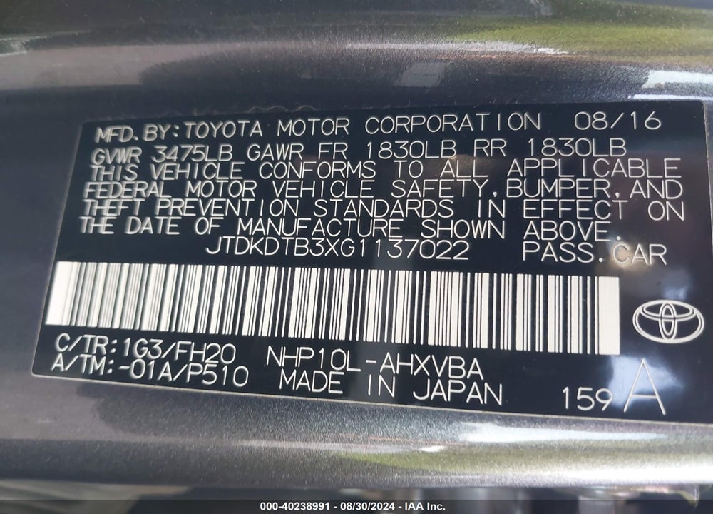 2016 TOYOTA PRIUS C ONE VIN: JTDKDTB3XG1137022