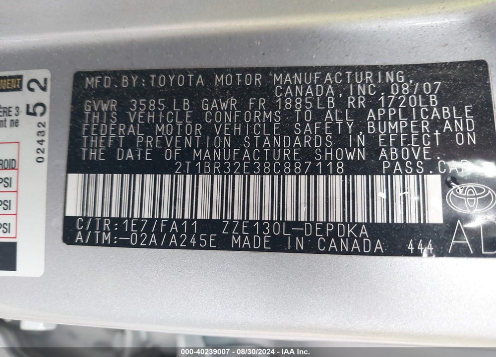 2008 TOYOTA COROLLA CE VIN: 2T1BR32E38C887118