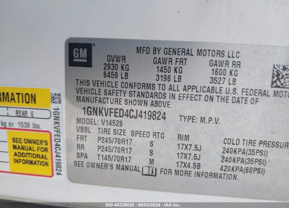 2012 CHEVROLET TRAVERSE LS VIN: 1GNKVFED4CJ419824