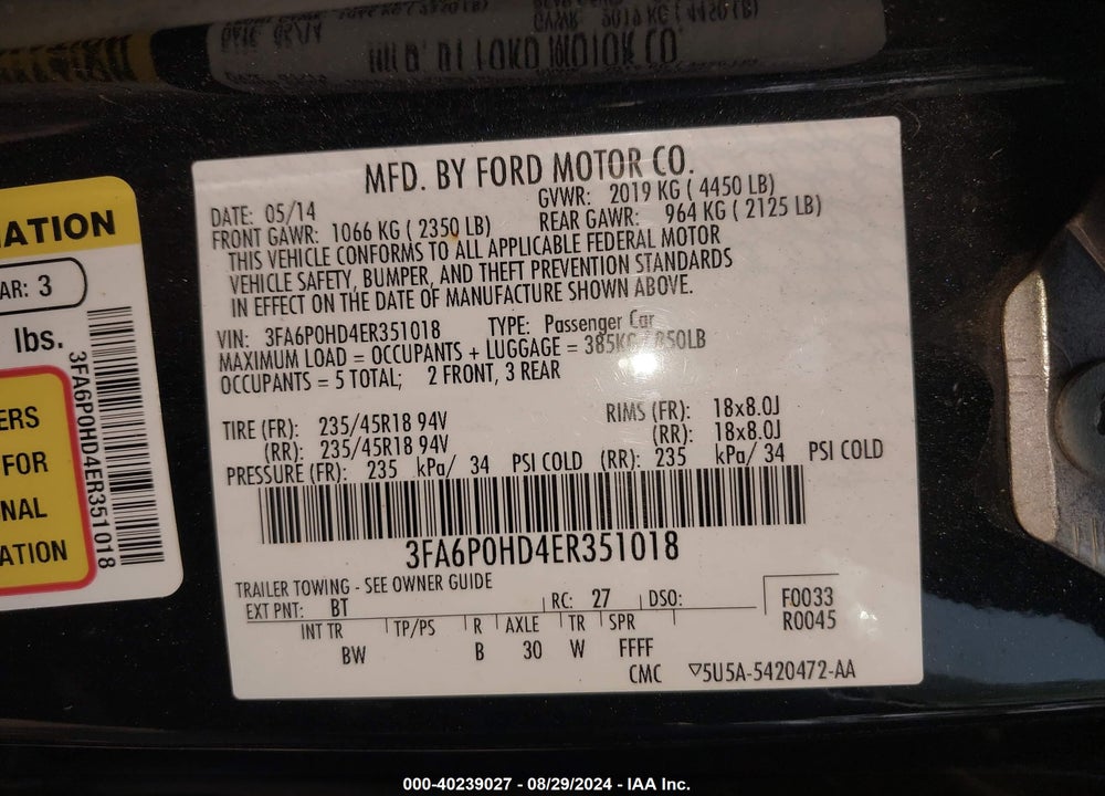 2014 FORD FUSION SE VIN: 3FA6P0HD4ER351018