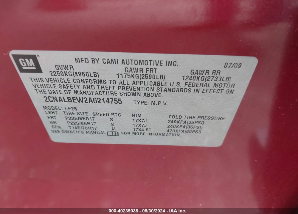 2010 CHEVROLET EQUINOX LS VIN: 2CNALBEW2A6214755