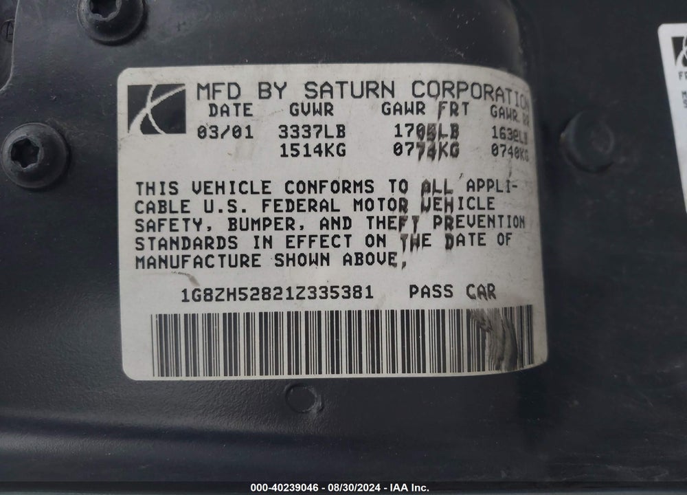 2001 SATURN SL1 VIN: 1G8ZH52821Z335381