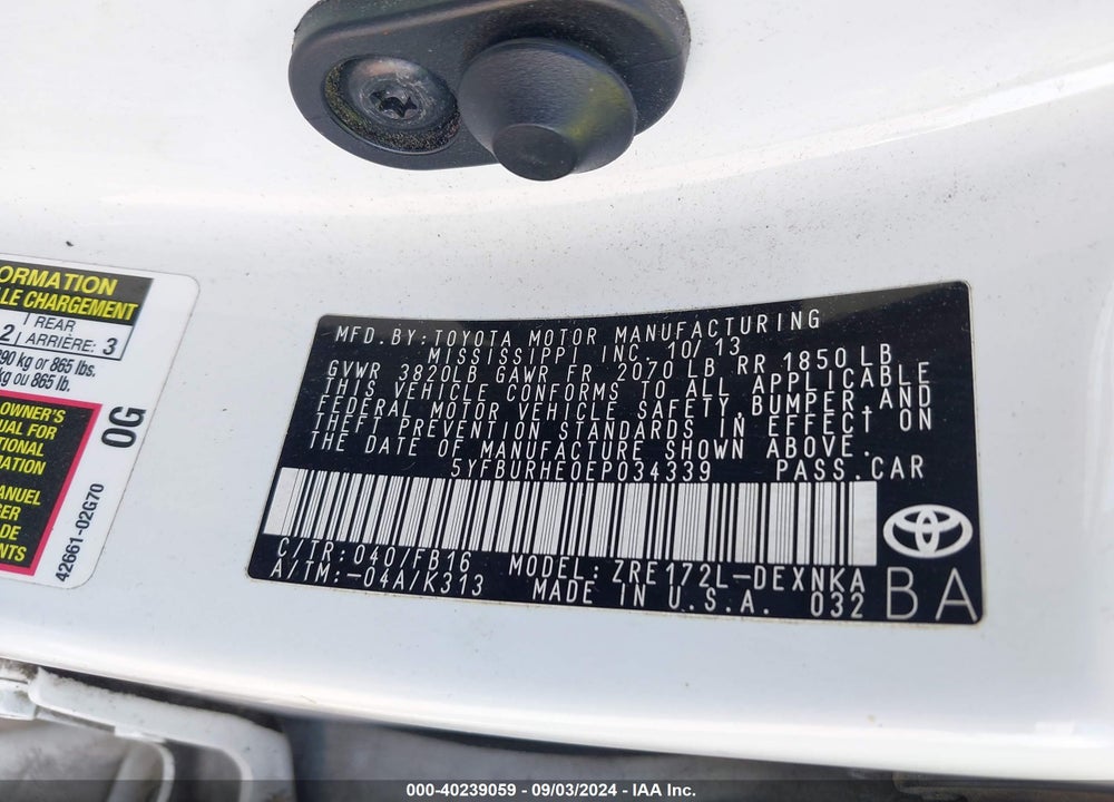 2014 TOYOTA COROLLA LE VIN: 5YFBURHE0EP034339