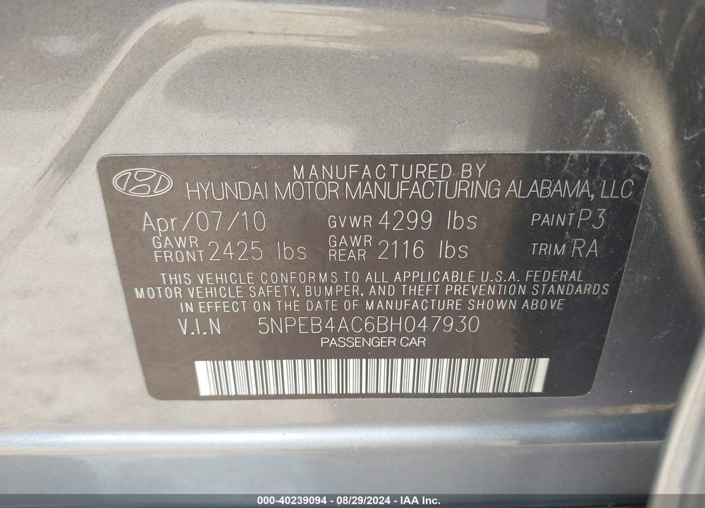2011 HYUNDAI SONATA VIN: 5NPEB4AC6BH047930