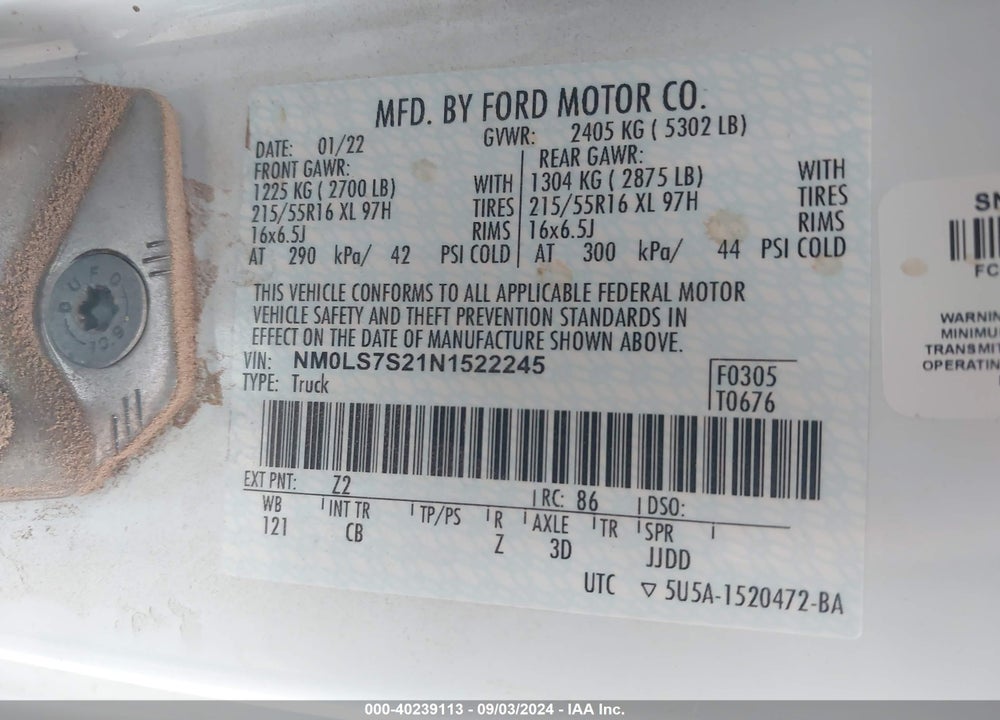 2022 FORD TRANSIT CONNECT XL VIN: NM0LS7S21N1522245