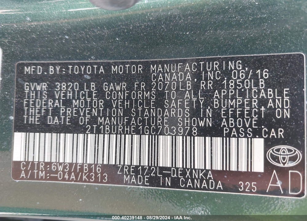 2016 TOYOTA COROLLA LE VIN: 2T1BURHE1GC703978