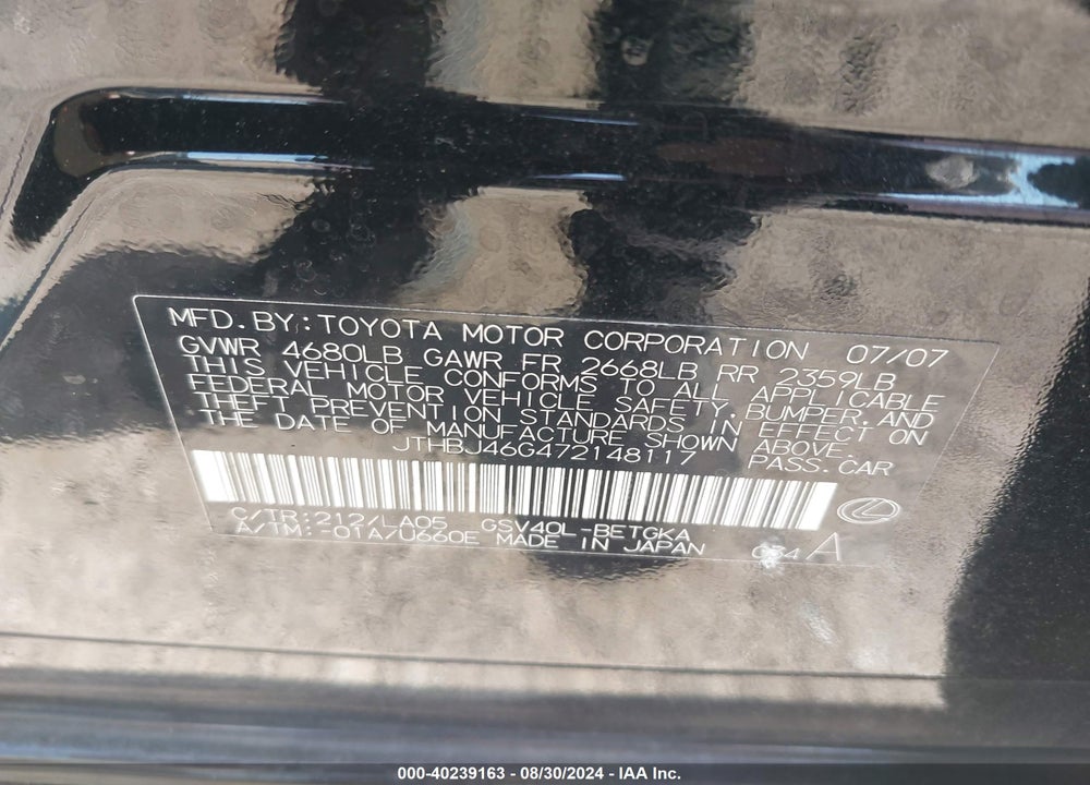 2007 LEXUS ES 350 VIN: JTHBJ46G472148117